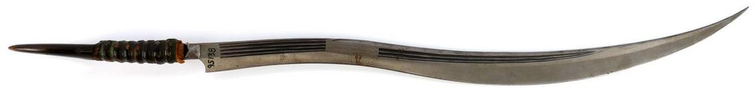 PHILIPPINES HAND FORGED KNIFE W HORN GRIP: Vintage Philippines hand-forged knife with horn grip. Steel blade sharp with ornate designs to the non-cutting edges. Wooden handle wrapped in leather with animal horns to the pommel. Very good condit