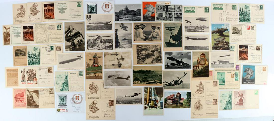 60 WWII GERMAN ADOLF HITLER LUFTWAFFE POSTCARDS: Assortment of 60 WWII German postcards featuring Adolf Hitler, Graf Zepplin, Luftwaffe, soldiers, planes, rallies, landscape, and more. Some with postage and some with personal messages. Very good con