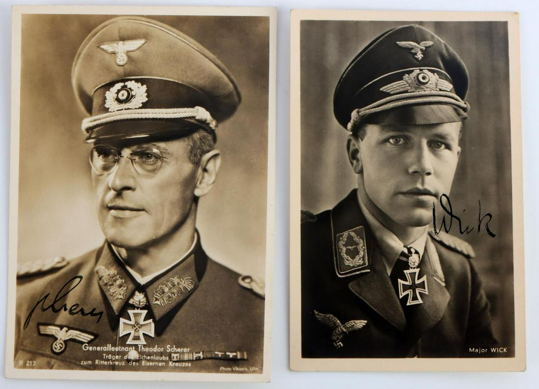 GERMAN HELMUT WICK & THEODOR SCHERER AUTOGRAPH: Luftwaffe Flying ace Helmut Wick and General Theodor Scherer. Both signatures signed in pen. Good and legible. Post cards measure 5 1/2 and 5 3/4 inches. Very good condition.