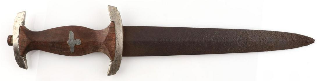 WWII GERMAN WAFFEN SS ETCHED NPEA DAGGER: WWII German National Political Educational Institute (NPEA) found dagger. Brown wooden grips with nickel plated pommel and crossguard. Eagle inserted. Oxidized blade with the etching and maker still v