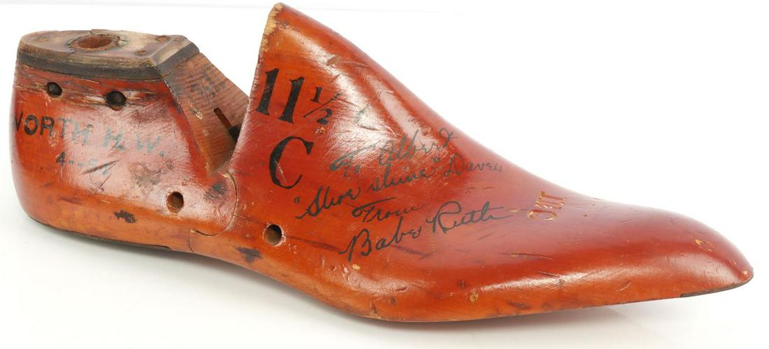 NY YANKEES BABE RUTH AUTOGRAPHED SHOE TREE: Wooden shoe tree autographed by Hall of Fame New York Yankee, 1923 MVP and 7x World Series Champion, George "Babe" Ruth. Reads "To Albert 'Shoe Shine' Davey From Babe Ruth." Writing is very clear. Sig