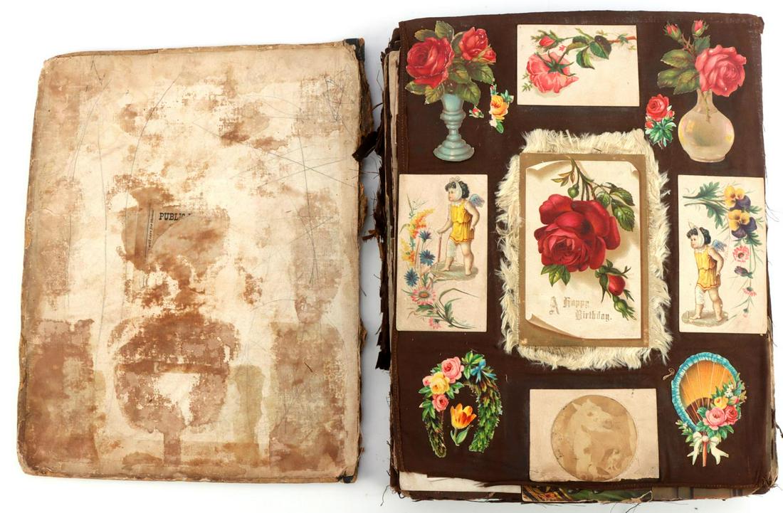 BOOK FULL OF 100'S OF VICTORIAN COMIC TRADE CARDS: The book is in poor condition, cards are affixed to cloth or linen paged, the cards are in collectible grade, all legible, huge variety of subjects, 1870's to 1890's seems to be the range, Black Ameri