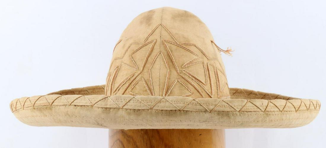 ANTIQUE MEXICAN WAR WOOL SOMBRERO: Late 19th to early 20th century wool sombrero with geometric embroidery. Size small. Some loss to sweat band and has 2 air holes.