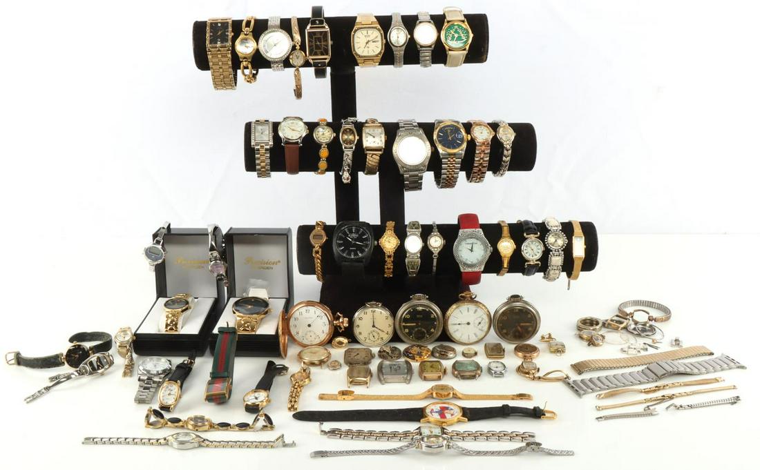 5 POUNDS OF WRIST AND POCKET WATCHES PARTS LOT: Assorted vintage, new and antique watches. Unsearched, Some working, some need batteries but primarily a parts lots.