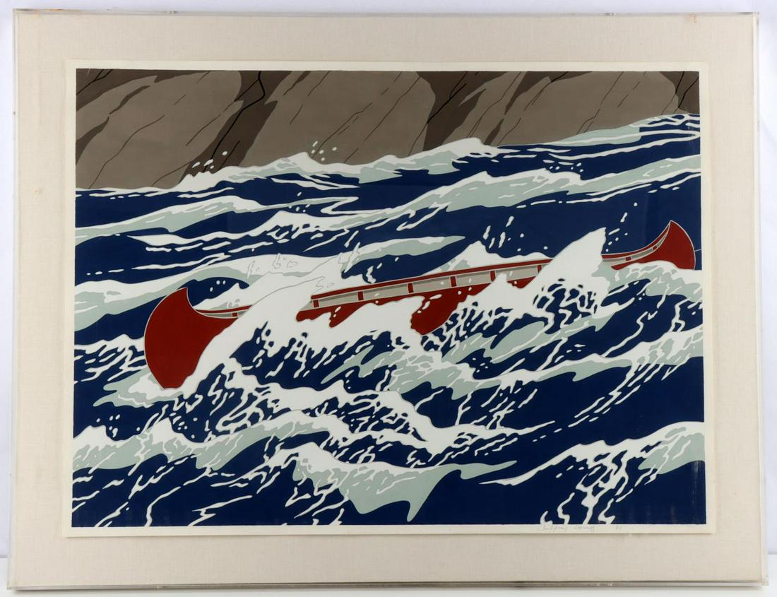 JEFFERY LONG GOUCHE ON PAPER PAINTING: Original gouache on paper by Jeffery Long. Title: Canoe in Rapids. Signed and dated '81. Set atop gallery style stretcher in 3 sided acrylic case. Total dimensions are approx. 27 x 35 inches.
