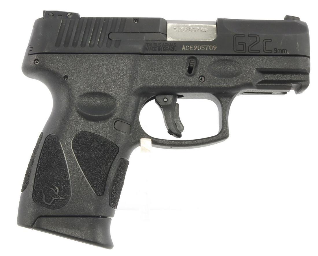 TAURUS G2C 9MM SEMI AUTOMATIC HANDGUN: Used. Black steel and polymer construction. 2-inch barrel. One (1) 12-round magazine. Good bore. Three matching serial numbers. Good overall condition with normal signs of use. No international shippi