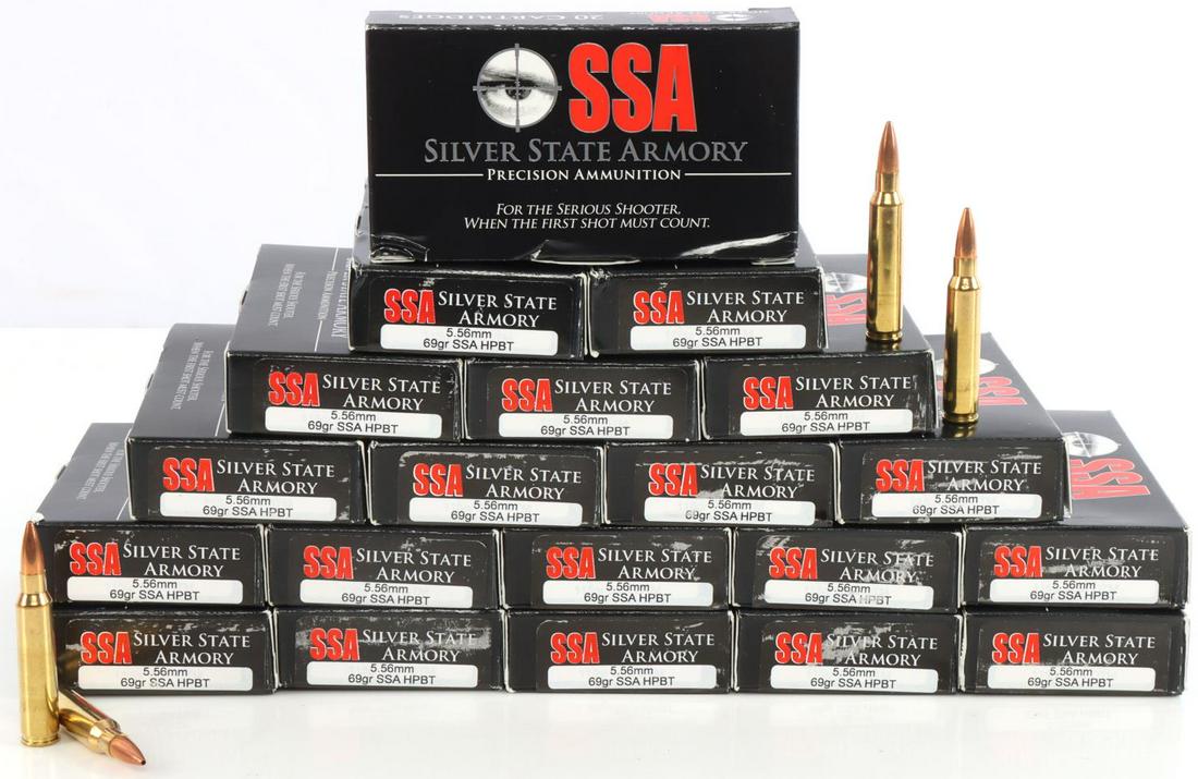 200 ROUNDS SSA 5.56MM HOLLOW POINT BOAT TAIL AMMO: Military grade 69 grain. This ammunition is loaded with hard Military Spec Primers designed for use in military style rifles.