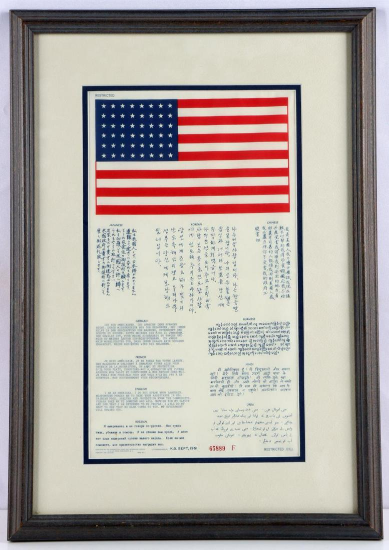 KOREAN WAR 1951 SILK BLOOD CHIT: Framed 15 x 21 Blood Chit measuring 8 1/2 x 15 inches