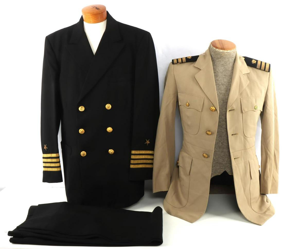 WWII USN CAPTAIN FULL UNIFORM & COMMANDER TUNIC: Th khaki tunic is a size 35, and the Captain full uniform is a 38 regular, neither are named, both are very good original condition.
