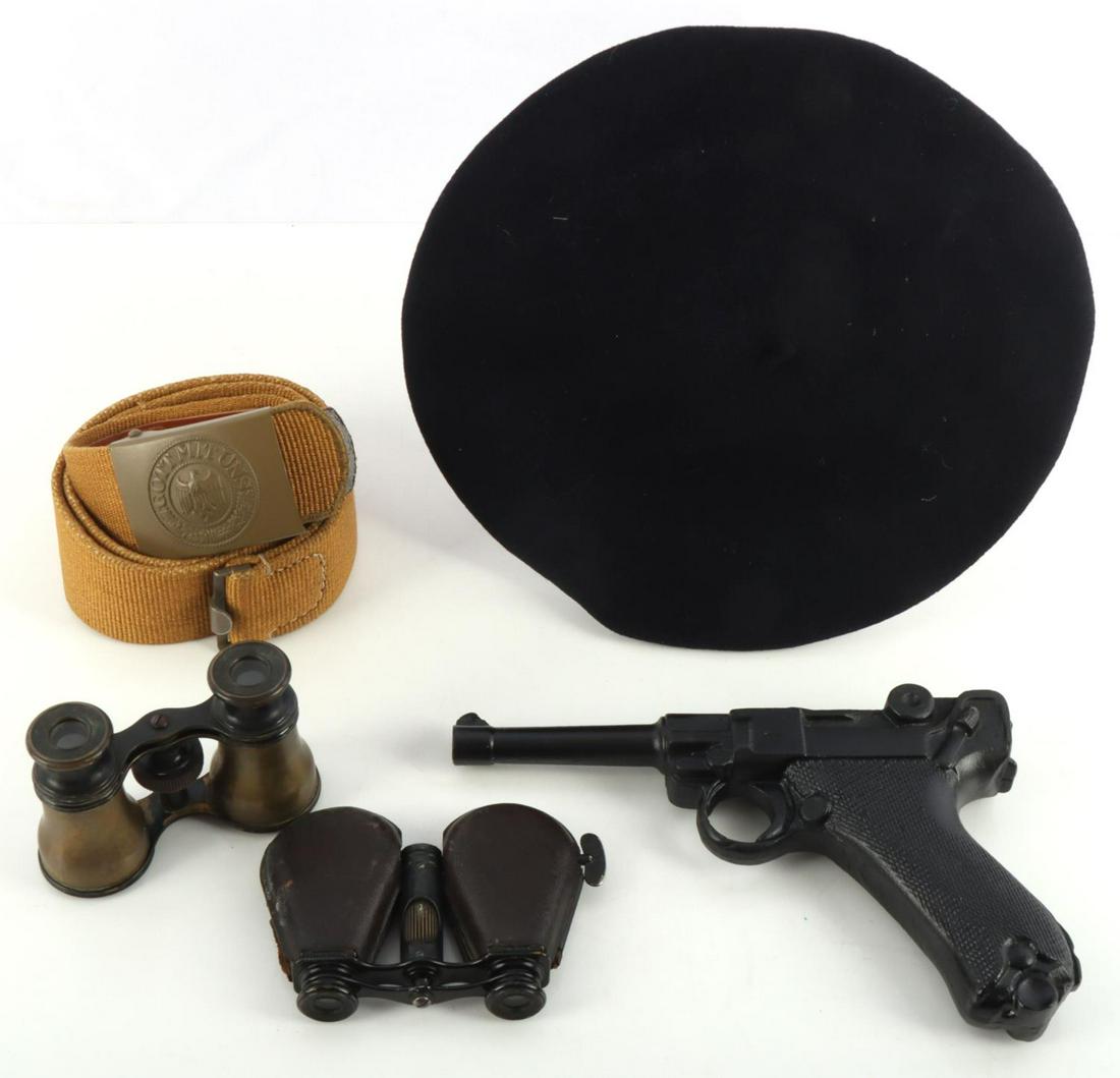WWII MILTARY GEAR LOT BINOS PROP LUGER & BUCKLE: Includes two small opera-style binoculars. An Australian military beret, a prop luger PO8, and a German Heer army buckle with no markings on canvas belt.