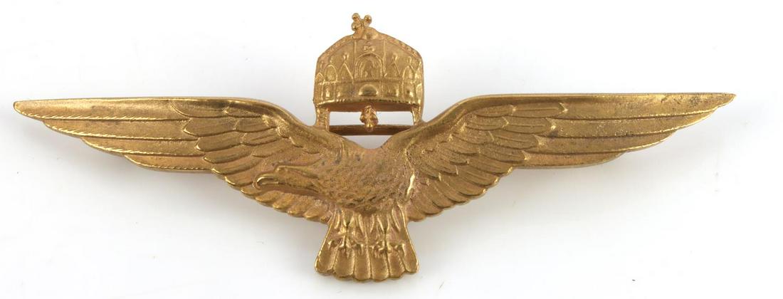 WWI HUNGARIAN PILOT BADGE GILT TOMBAC: Unmarked. Measures 3 1/2 inches. Nice patina. This lot has a reserve.