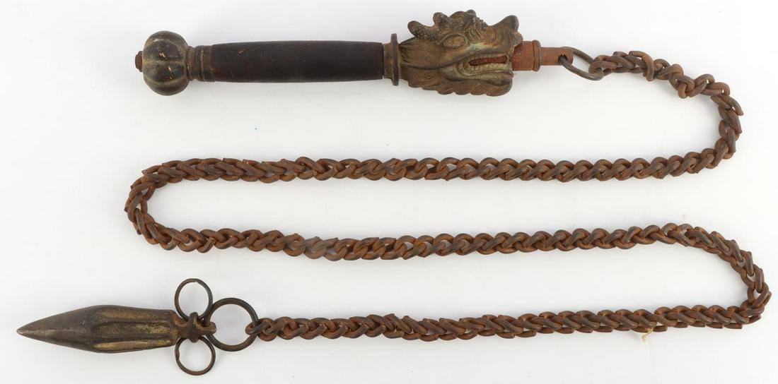ANTIQUE CHINESE DRAGON STYLED CHAIN WHIP: Measures about 58 inches long in total. Age indeterminate. Handle resembles a dragon.