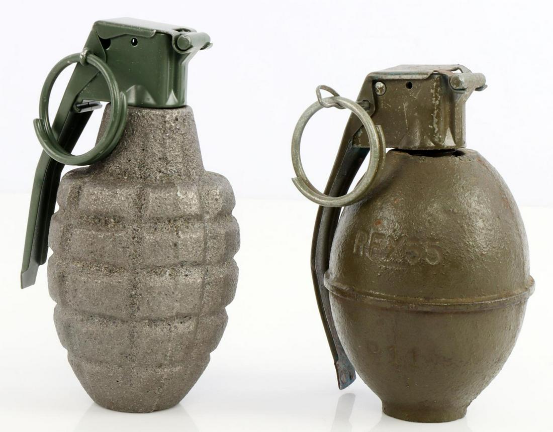 WWII US PINEAPPLE & RDX55 INERT HAND GRENADES: Both in good condition, with holes drilled in bottom.