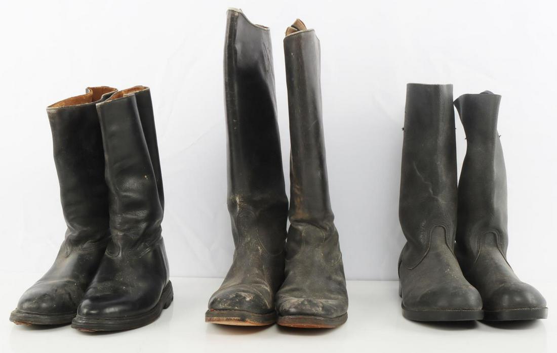 20TH CENTURY MILITARY RIDING CAVALRY BOOTS: Includes two pairs, and two mismatched boots. One pair has markings on inside. Countries of origin unknown.