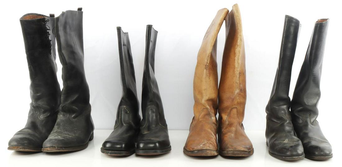20TH CENTURY MILITARY RIDING CAVALRY BOOTS: Three pairs of jackboots, two are original, one is a reenactor's pair. No markings present except on reproductions. Small to medium sizes. Country of origin is unknown.