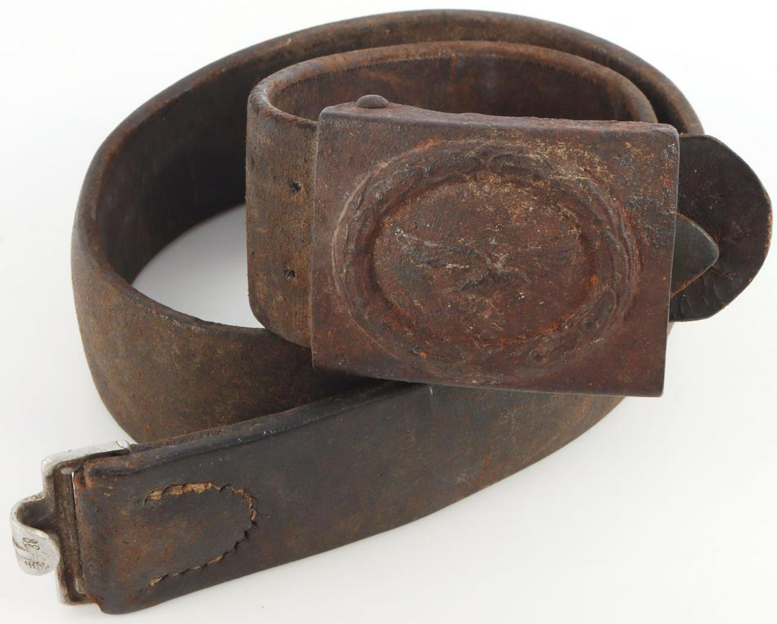 WWII GERMAN REICH LUFTWAFFE LEATHER BELT & BUCKLE: Belt buckle with wear. Leather belt marked "1943" with maker's mark. As photographed.