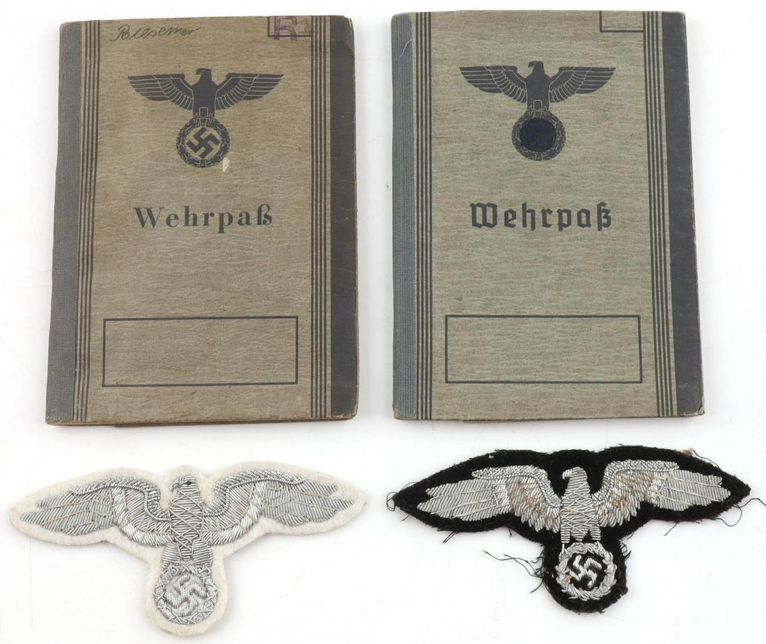 LOT OF 2 WEHRPASS AND REICHSADLER PATCHES: Two wehrpass booklets with information in both. Patches have silver bullion wire and are likely post war. Measure 4 1/2 and 5 3/4 inches. Very good condition.