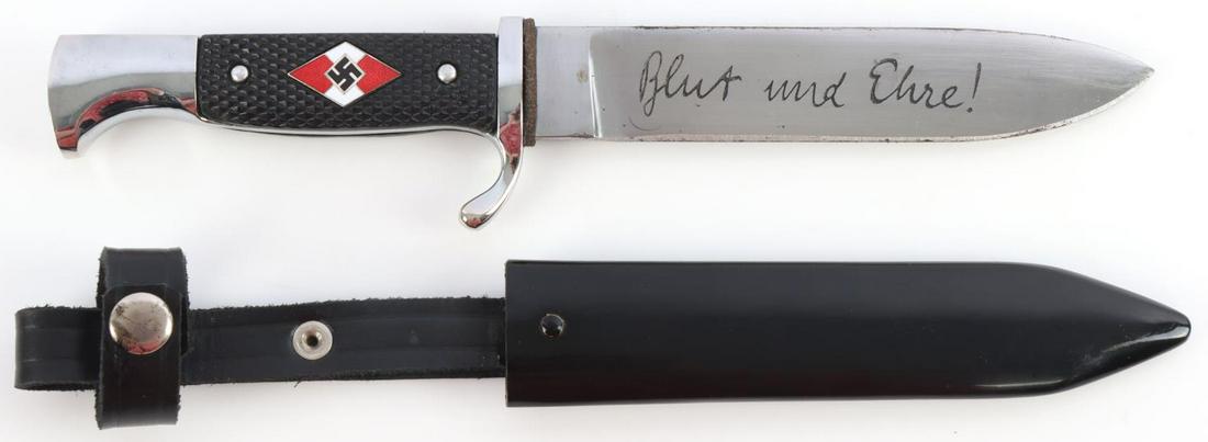WWII GERMAN REICH HITLERJUGEND DAGGER & SCABBARD: A WWII German Reich Hitlerjugend dagger with scabbard by "Anton Wingen. Solingen." Makers mark on ricasso of the blade. Inscription reads Blut und Ehre (Blood and Honor). Blade approx. 5 1/2 inches. U