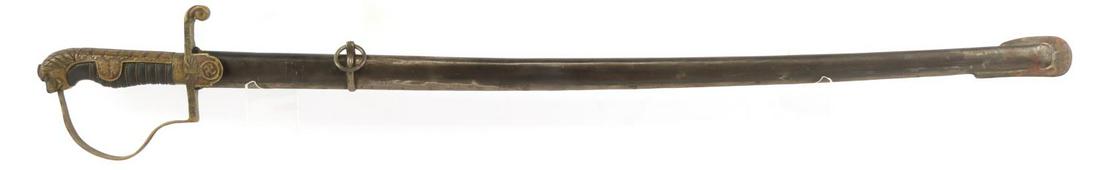 WWII GERMAN REICH OFFICERS LION HEAD SWORD: Post war creation. Blade with wear and pitting, measures 30 inches long. Maker's mark on ricasso. Handle is a bit loose from crossguard.