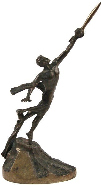 RUSSIAN CCCP MONUMENT MAN LAUNCHING ROCKET BRONZE: CCCP Russian monument of man launching rocket bronze. Measures 9.75 inches tall. Overall in very good condition.