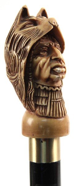 NATIVE AMERICAN THEMED CANE SOAPSTONE TOPPER: One men's Native American themed cane. Features carved Native American figure as cane topper. Measures 36 inches long. Some residue along cane overall in very good condition.