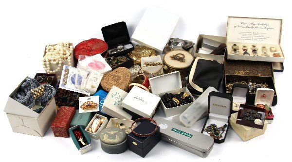 OVER 15LBS OF VINTAGE AND NEWER COSTUME JEWELRY: Included are names like Monet, Miriam Haskell, Napier, Stratton (compact) and Sarah Coventry. There are pieces of cloisonne, Rhinestones, m.o.p., micro-mossaics, enameled pieces, watches, mini perfume