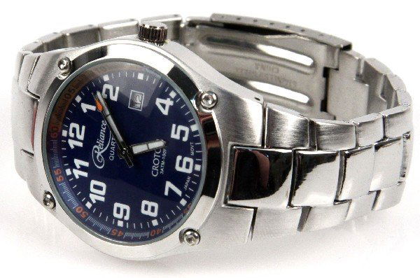 LIMITED RELIANCE BY CROTON MENS WATCH: Limited Reliance Croton men's watch. Stainless steel back, 3ATM-100 feet, water resistant. Silver with blue and orange face. In box. Condition: Overall in very good condition.