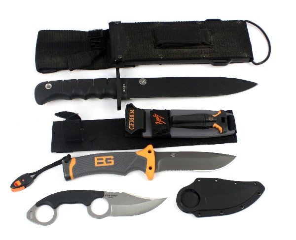KNIFE LOT SMITH WESSON SAR AND COLD STEEL AGENT II: Knife lot consisting of a Smith & Wesson search and rescue 14 inches overall excellent condition, Gerber Bear Gryllis 10 inch overall excellent condition, lastly a Cold Steel Double Agent II 8 inches 
