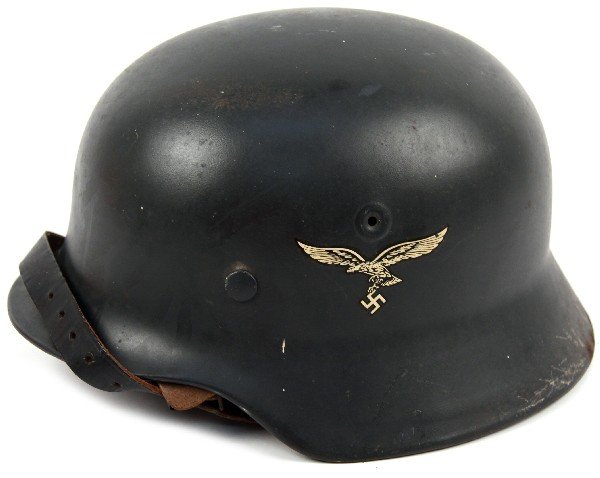 WWII GERMAN LUFTWAFFE M40 HELMET REPAINT: WWII German Luftwaffe M-40 helmet repaint. Liner band present, but actual liner missing. Replacement chin strap. No dents.