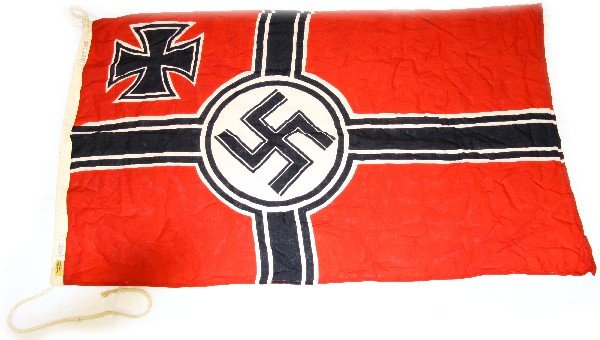 WWII GERMAN KRIEGSMARINE FLAG: WWII German Kriegsmarine flag. Measures 85 by 145 centimeters (approximately 34 by 57 inches). Measurement and Kriegsmarine property mark present. Overall very good condition.