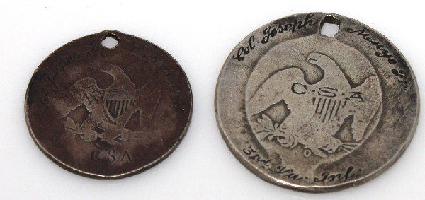 CIVIL WAR SETED COIN CSA CONFEDERATE DOG TAGS: Pair of unauthenticated silver seated coins, half dollar and a quarter, each inscribed CSA dog tags, named with regiments, each are infantry officers.
