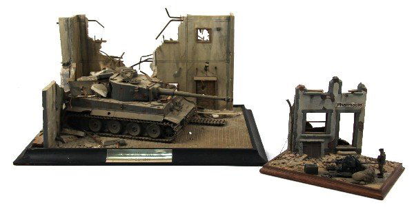 WWII DIORAMA TIGER TANK & ANTI AIRCRAFT GUN RUINS: Two resin dioramas one a German anti aircraft placement in French ruins whilst a Airborne soldier looks on measuring 9x7 inches, the second is a Tiger tank abandoned by crew in French ruins, plate rea