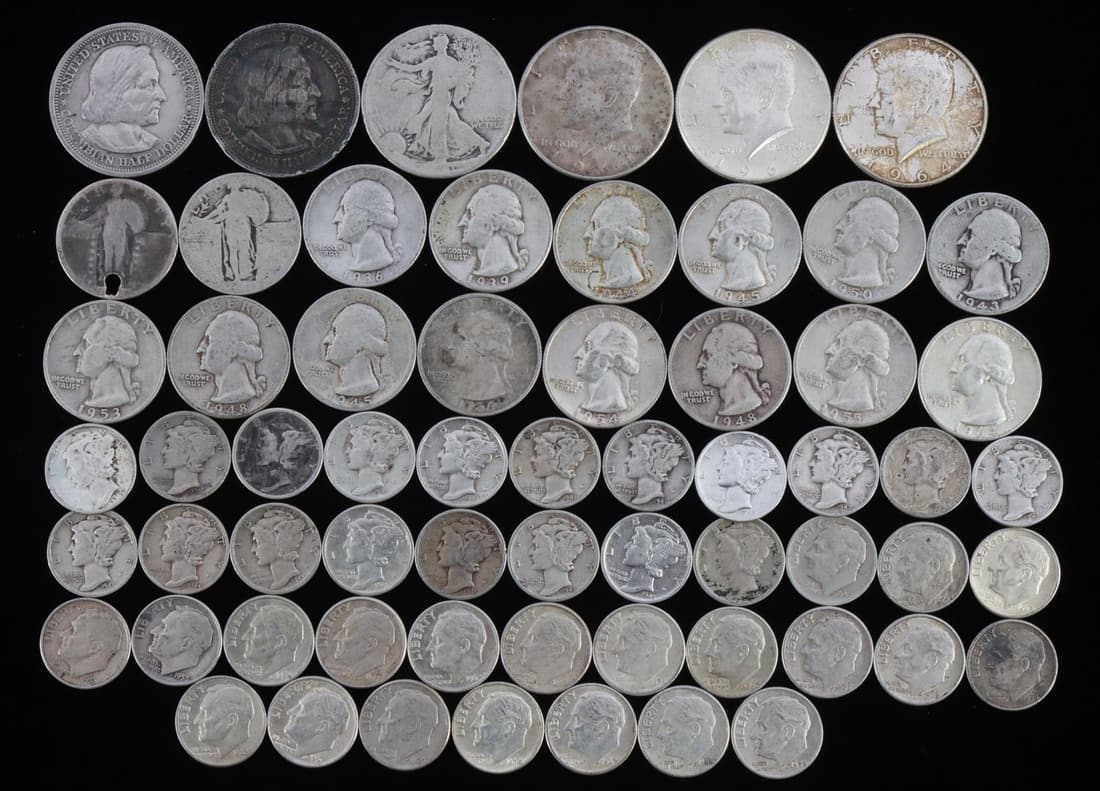 $11 FACE VALUE 90% SILVER U.S. COIN LOT: All form circulation, Mercury, Roosevelt, Walker, Kennedy and Commemorative mix.