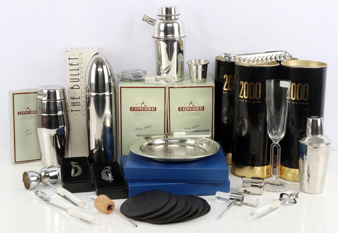 LARGE BARWARE LOT RIEDEL SHAKER CORKSCREW VARIETY: Former Cigar and Gentleman's store Called Vendetta in San Francisco located in the Fairmont hotel, Cocktail Shakers, Champagne Flutes, all new stock items, Concord, Bullet, Sheffield plates and more l