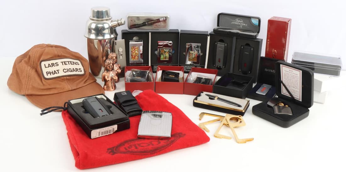 T.S. DUPONT BARLOW XIKAR KGM CIGAR STORE INVENTORY: Inventory from Vendetta Cigar Store and Lounge, now closed it was located in lobby of the Fairmont Hotel, San Francisco, Dupont leather Lighter/Torch holders, Dupont flints, Porsche design lighter, 6