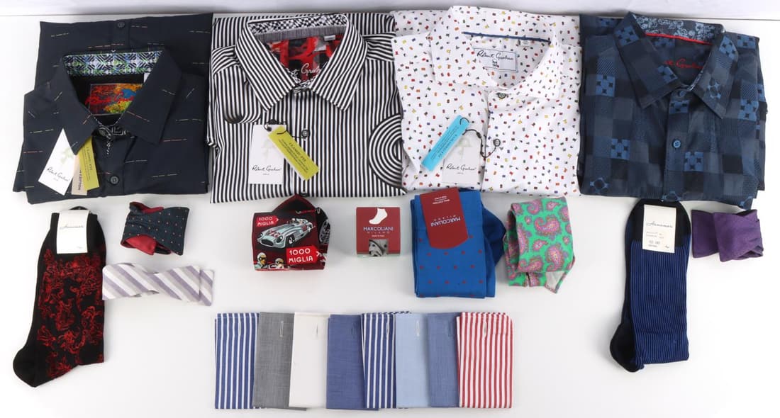 4 NWT ROBERT GRAHAM XL SHIRT LOT HANAMORI SOCKS: Retail stock all new, from Vendetta Cigar Shop and lounge Formerly in the lobby of the Fairmont Hotel San Francisco, Robert Talbot ties, Marcoliani socks and more.