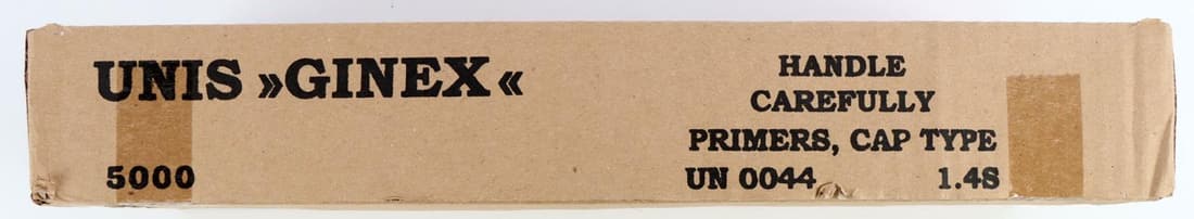 NEW 5000 BULK UNIS GINEX SMALL PISTOL PRIMERS: New 5,000 bulk Unis Ginex 4,5/3-P1 small pistol primers. Additional shipping fees may apply. No international shipping or to Alaska and Hawaii. Know your state laws prior to bidding.