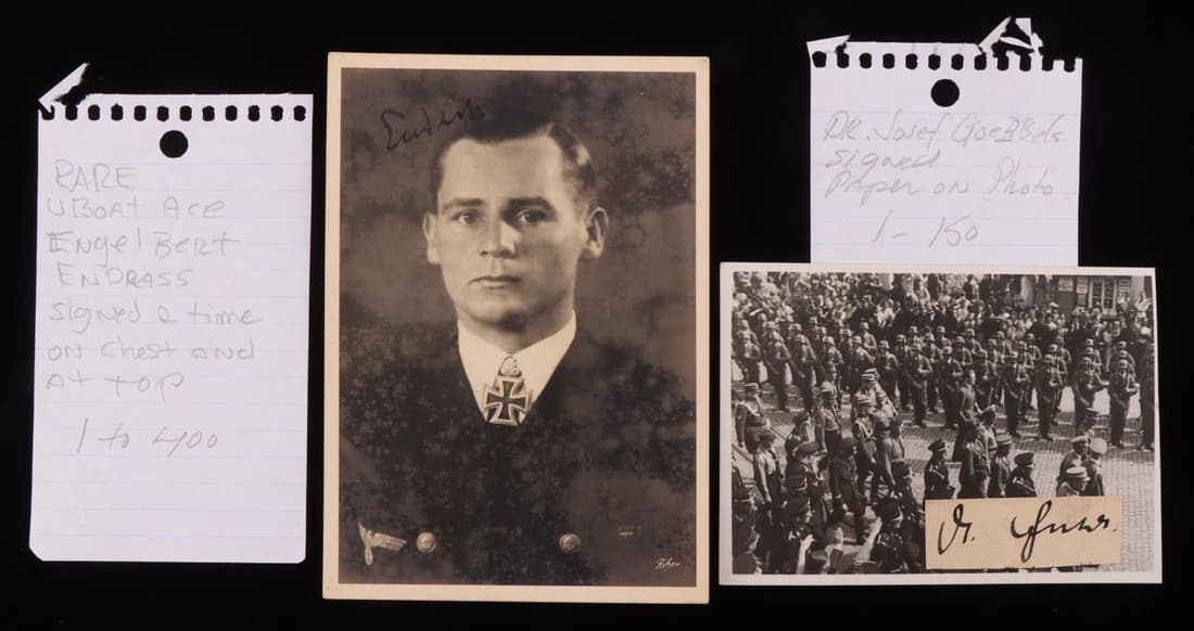 WWII GERMAN GOEBBELS & ENGEL BERT SIGNED POSTCARDS: Good signatures with age and match similar examples. Cards measure 5 3/4 inches. Very good condition.
