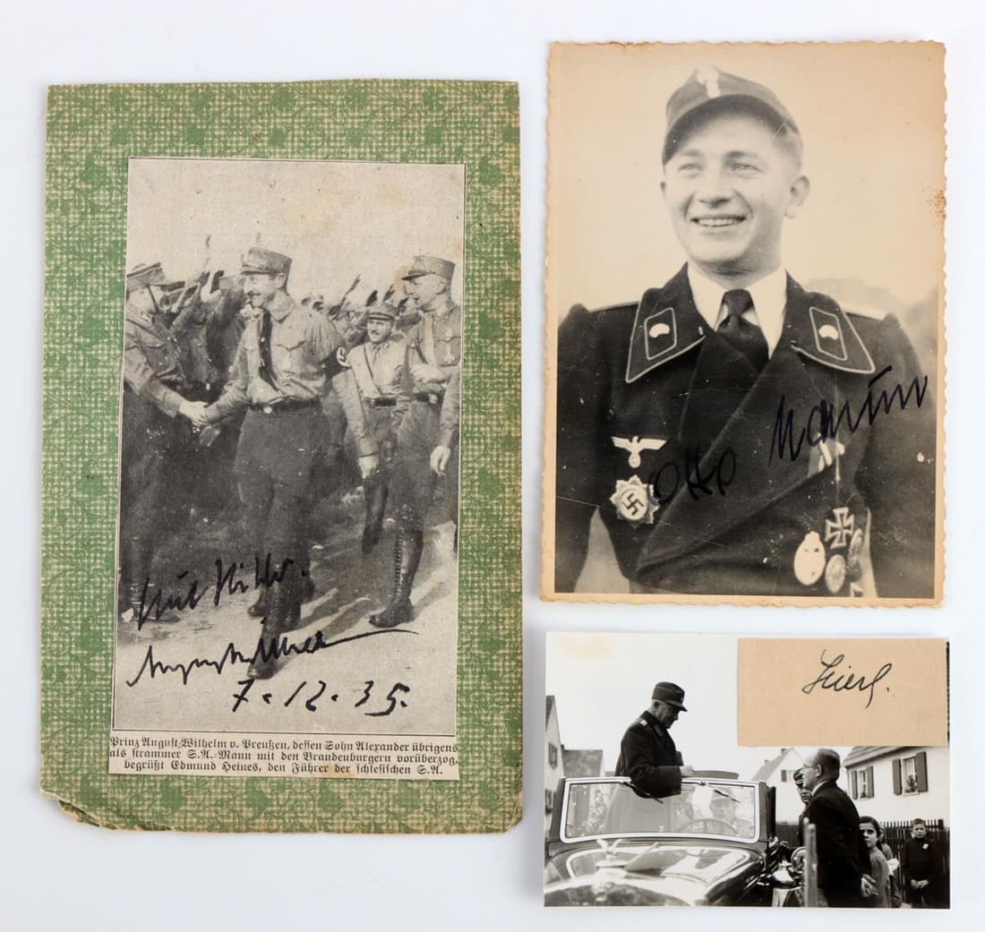 WWII OTTO MARTIN HIERL & AUGUST WILHELM SIGNATURES: Lot features signatures for Otto Martin, Konstatin Heirl, and August Wilhelm. All signed in pen. Very good condition. Measurements range 1 5/8 - 6 inches.