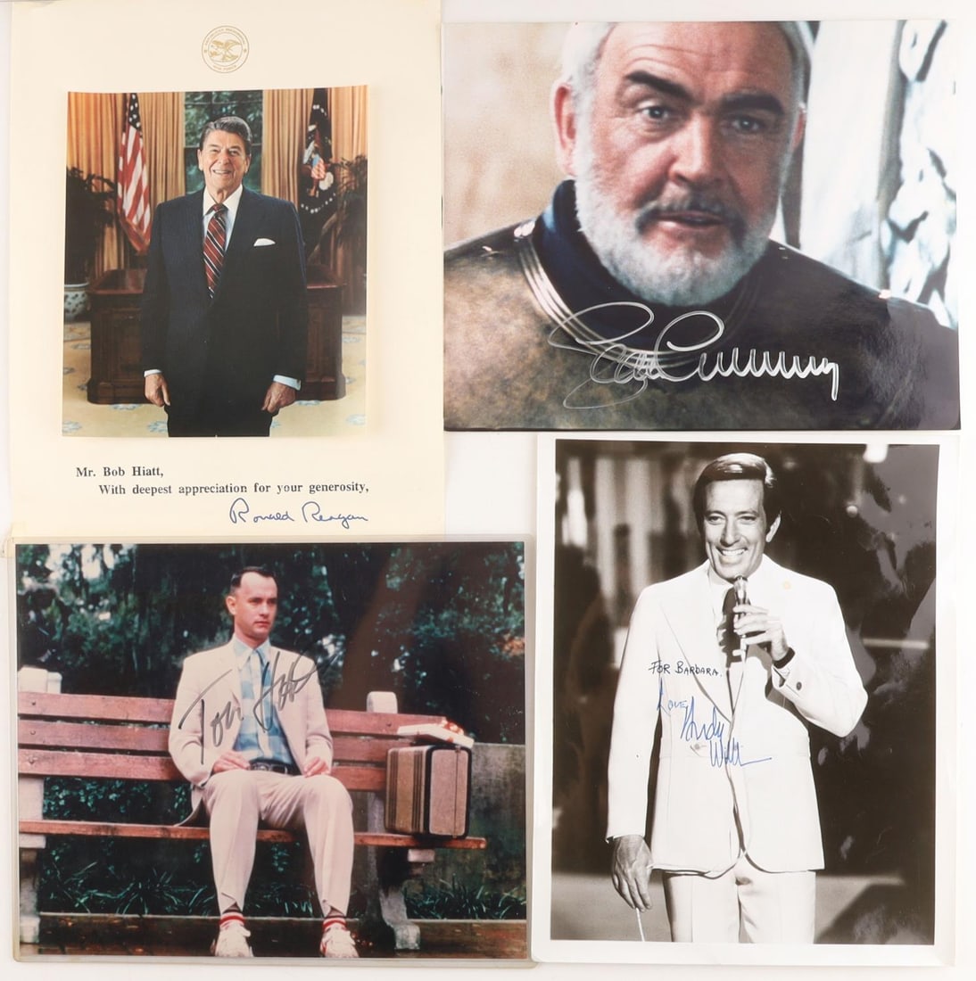 LOT 4 POPULAR FIGURE AUTOGRAPHS REAGAN TOM HANKS: Includes color 8 X 10 photo signed in silver ink by Sean Connery, color 8 X 10 photo signed by Tom Hanks, B&W 8 X 10 photo signed by Andy Williams, and 8 X 11 Republican Presidential Task Force letter