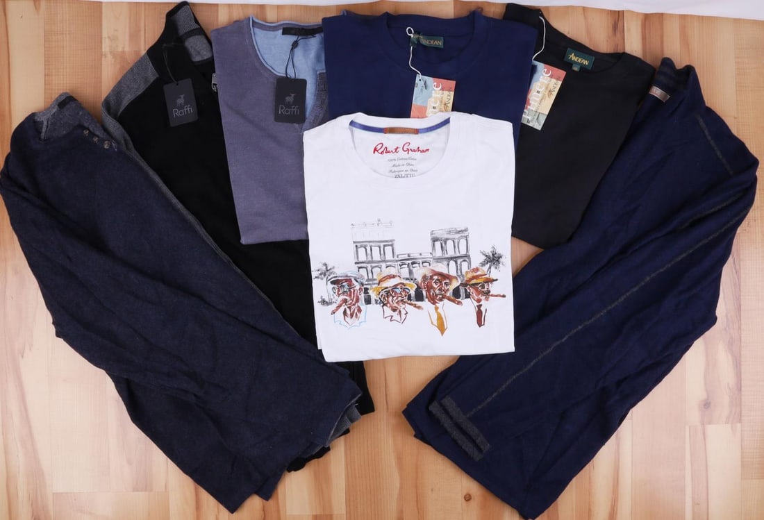 RAFFI CASHMERE SWEATER ANDEAN ROBERT GRAHAM: All new with tags and include, Andean XXL short sleeve, George Graham 2XL Tee, Raffi Cashmere zipper front sweater L, Andean XXL Blue Tee, Raffi cashmere Crew XL, Raffi XXL Zippered sweater, Raffi lon