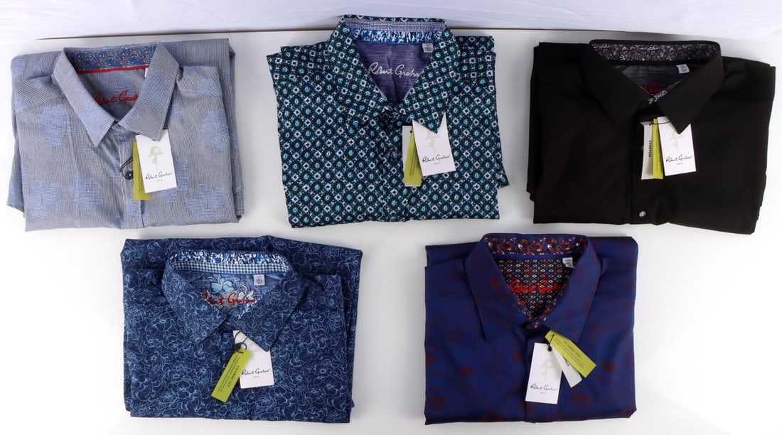 5 ROBERT GRAHAM NEW WITH TAGS XXL SHIRT LOT: Retail stock from Vendetta Cigar Shop and Lounge, formerly located in the lobby of the Fairmont Hotel, San Francisco, styles and retail price include Tomlinson $278.00, Overhaul $198.00, Nicholson $22