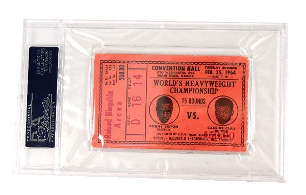 LISTON V. CLAY FIGHT TICKET SIGNED BY ED SULLIVAN: Ticket to the World's Heavyweight Championship fight between Sonny Liston (Champion) and Cassius Clay (Challenger) on February 25, 1964. Ticket is autographed by Ed Sullivan. Ticket is for the Raised 