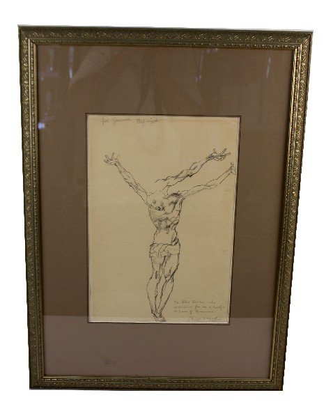 PHILIP EVERGOOD SIGNED PENCIL DRAWING: Philip Evergood (American, 1901-1983) signed pencil figural drawing. Features a handwritten dedication to "Alex Dobkin." Frame measures 30 by 22 by 1 inches, drawing measures 17 by 11.5 inches. Overal