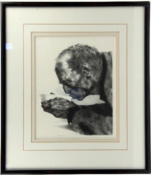 FRAMED & SIGNED JOSEPH HIRSCH LITHOGRAPH SOUP: Framed and signed Joseph Hirsch (American, (1910 - 1981) lithograph "Soup." Print was limited to 250 prints. Frame measures 22 by 19 by 1 inches. Overall in very good condition.