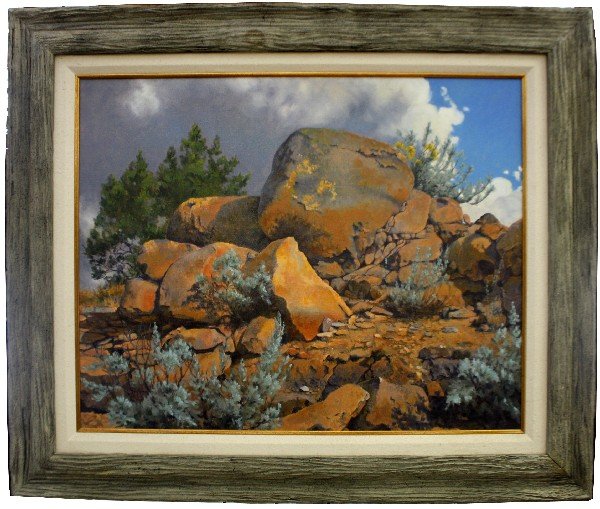 FRAMED SALLY BOSWELL OIL ON CANVAS LANDSCAPE: Framed local Tallahassee artist Sally Boswell oil on canvas Taos, New Mexico landscape. Frame measures 33 by 38.5 by 1 inches, canvas measures 30 by 24 inches. Overall in very good condition.