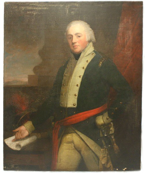 PORTRAIT OF WILLIAM WALCOT BY KEATING DATED 1799: Unframed oil on canvas portrait of William Walcot, Esquire by M. Keating dated 1799. Signed M. Keating lower left. Features provenance on reverse of canvas, "Portrait of William Walcot, ESQ. of Oundie