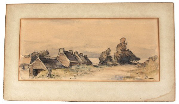 LUCIEN PISSARO SIGNED WATERCOLOR LANDSCAPE: Unframed Lucien Pissarro (French, 1863-1944) watercolor signed with monogram. "Cottages by the Sea" written on reverse. Measures 5.5 by 12 inches, mat measures 8.5 by 14.5 inches. Comes with Certifica