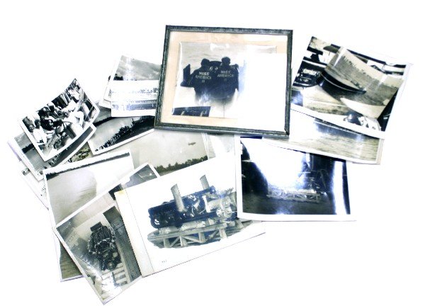 COLLECTION OF GAR WOOD & MISS AMERICA PHOTOGRAPS: Collection Gar Wood original photographs related to Miss America II, the Packard air craft engine, and Miss America IX. Gar Wood is featured throughout the collection typically with one of his speed b
