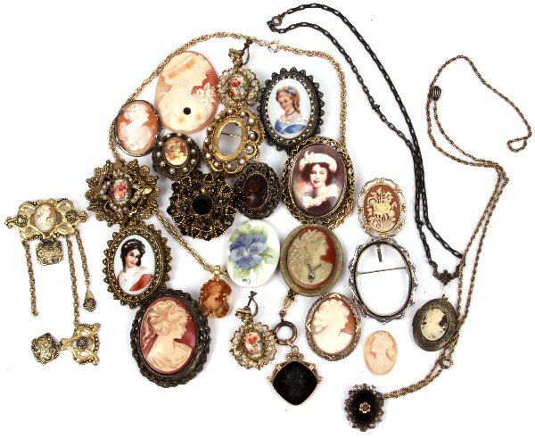 COSTUME CAMEOS JEWELRY LOT AND MORE: Costume jewelry lot with mostly cameo brooches, but also includes pendants, earrings, and more. Some named pieces including two Limoges (made in France), GF, Karu Fifth Ave, Florenza, and more. Weight